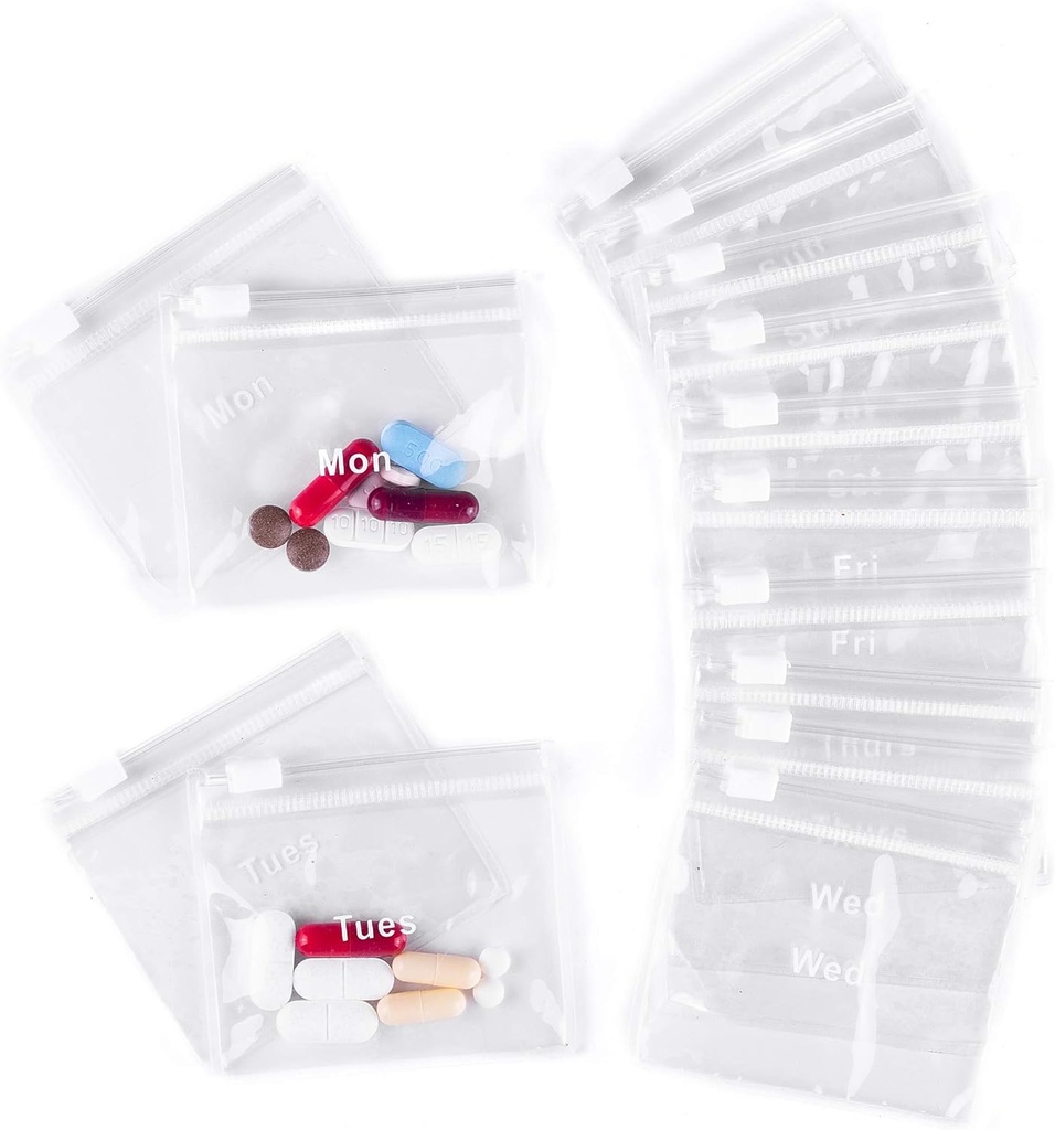 Reusable Pill Pouches for Medicine with Slide Lock | (14 Count) 3" Wide by 2.75" Uzun Etiketli Pazartesi günü Pill Çantası | EVA Grade Plastik for Pills and Vitamins