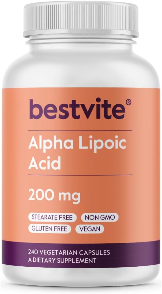 BESTVITE Alpha Lipoic Acid 200 mg (per Capsule) (240 Vejetaryen Capsules) - Stearates - Vegan - Gluten Free - Non GMO