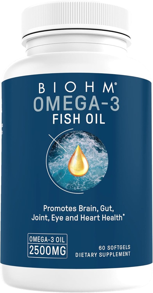BIOHM Omega-3 Fish Oil (2500 mg, 60 Softgels) Yüksek Potency 860 mg EPA & 630 mg DHA, Omega 3 Fatty Acid Supplements to Support Brain, Joint, Eye, Liver & Gut Health, Sustainable Sourced