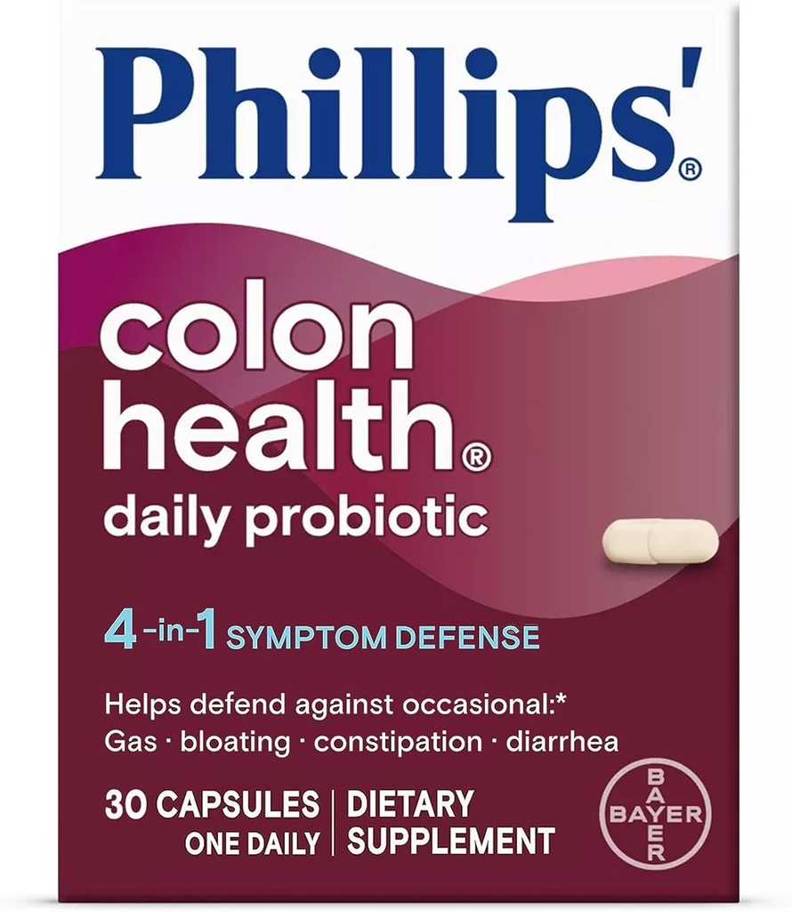 Phillips'in Kolon Sağlığı Günlük Probiyotik Capsules, 4-in-1 Symptom Savunması Occasional Gas, Bloating, Constipation ve Diarrhea, Daily Supplement, 30 Count