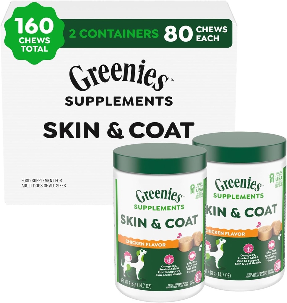 Greenies Supplements Dog Skin and Coat Supplement Supplements with Fish Oil & Omega 3 Fatty Acids, Chicken Flavor, 80-Count Tub, Pack of 2