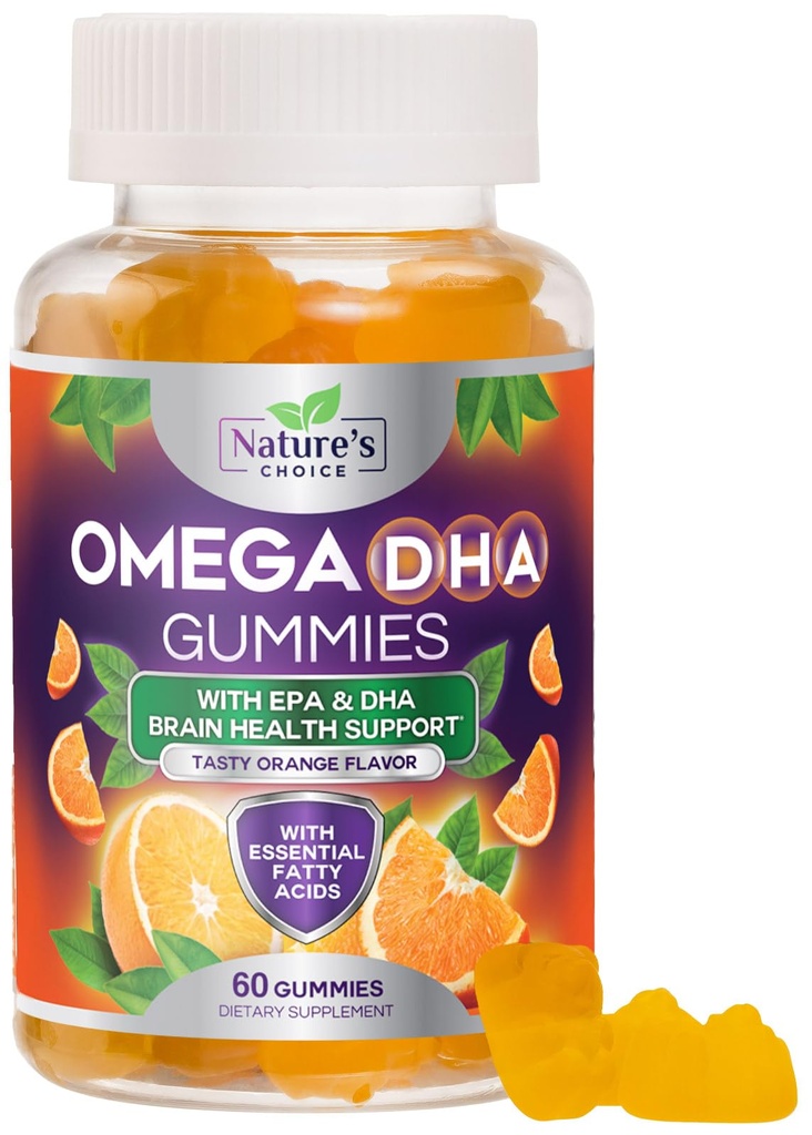 Omega 3 Fish Oil Gummies - Triple Strength Omega3 Gummy - DHA & EPA Fatty Acids for Heart Health, Joint & Brain Support, Nature's High Ab Omega Fish Oil Supplement, Orange Flavor- 60 Gummies