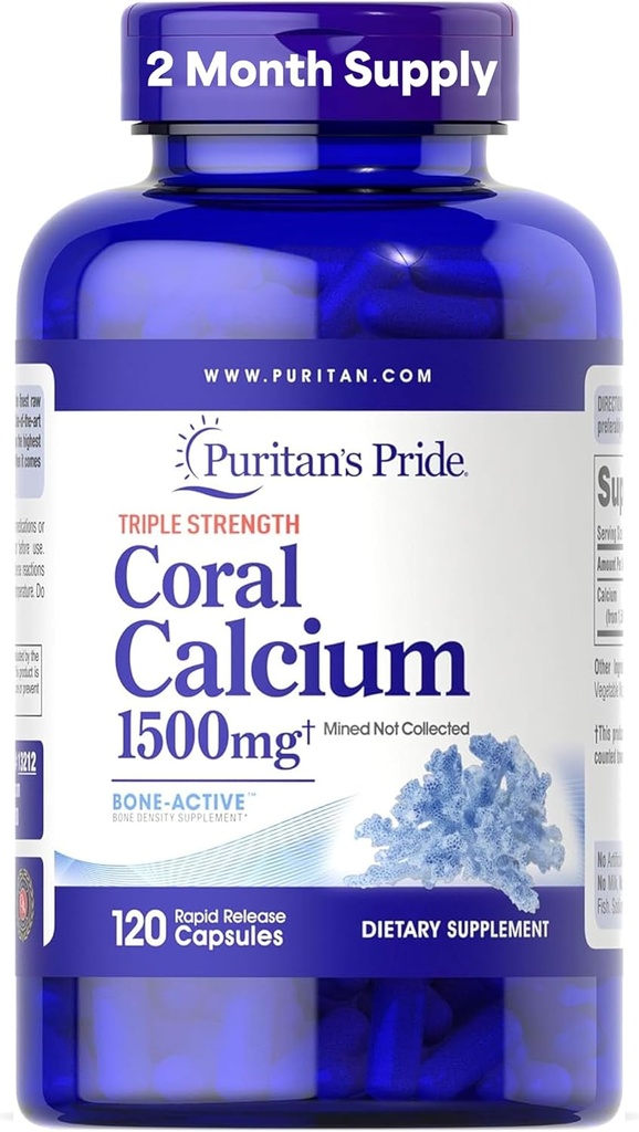 Puritan's Pride Triple Strength Coral Calcium 1500mg με Bone-ActiveTM, Συμπλήρωμα διατροφής για την καρδιά, το νεύρο και την υποστήριξη των μυών, 2 μήνες προσφοράς, 120 κάψουλες ταχείας απελευθέρωσης