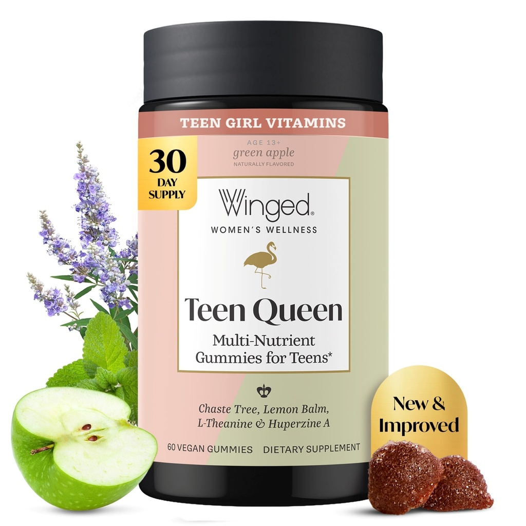 Winged Wellness Multivitamin Gummies for Teen Girls - Εφηβικές βιταμίνες για Mood & Hormonal Health - Vegan Gummy Supplement with Chaste Tree, Lemon Balm, L-Theanine, Probiotics & Biotin - 50 Gummies