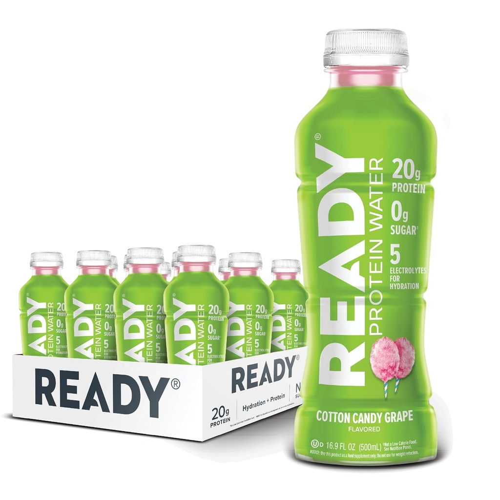 Ready® protein Water – 20g Whey Protein Isolate, Zero Sugar, Low-Calorie Sporu Hydration & Recovery için İçilir – Elektrolytes, Essential replicas – Cotton Candy Grape, 16.9 fl oz Şişes (12-Pack)