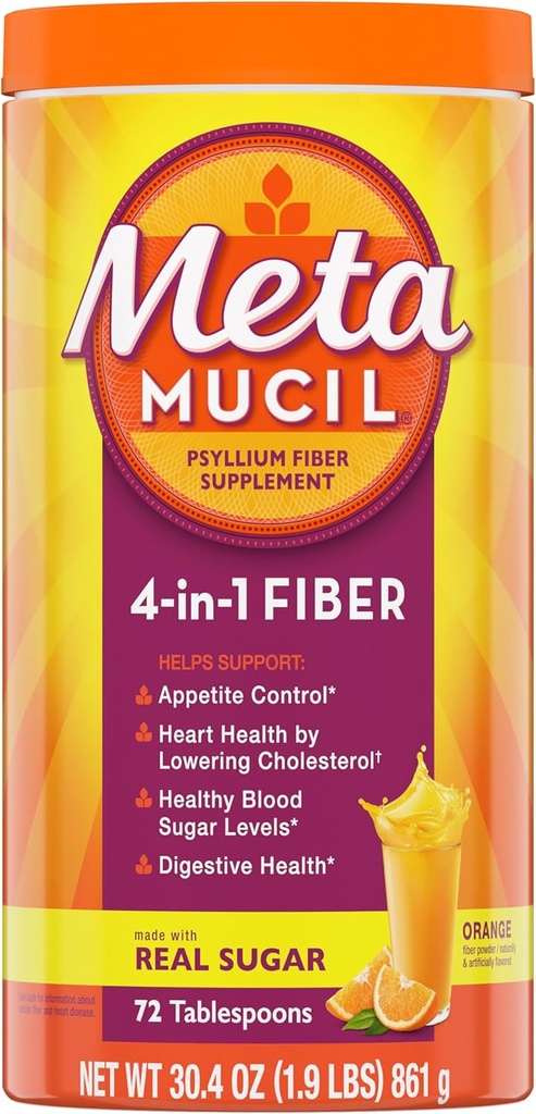 Metamucil 4-in-1 Psyllium Husk Fiber Supplement, Real Sugar, 72 yemek, Orange Flavored, Digestive Health için Günlük Fiber Toz, Plant-Based Psyllium Husk Fiber Fiber Supplement, Real Sugar, 72 yemek kaşığı, Orange Flavored, Daily Fiber Toz, Plant-Based Psyllium Husk Fiber Fiber Fiber Fiber