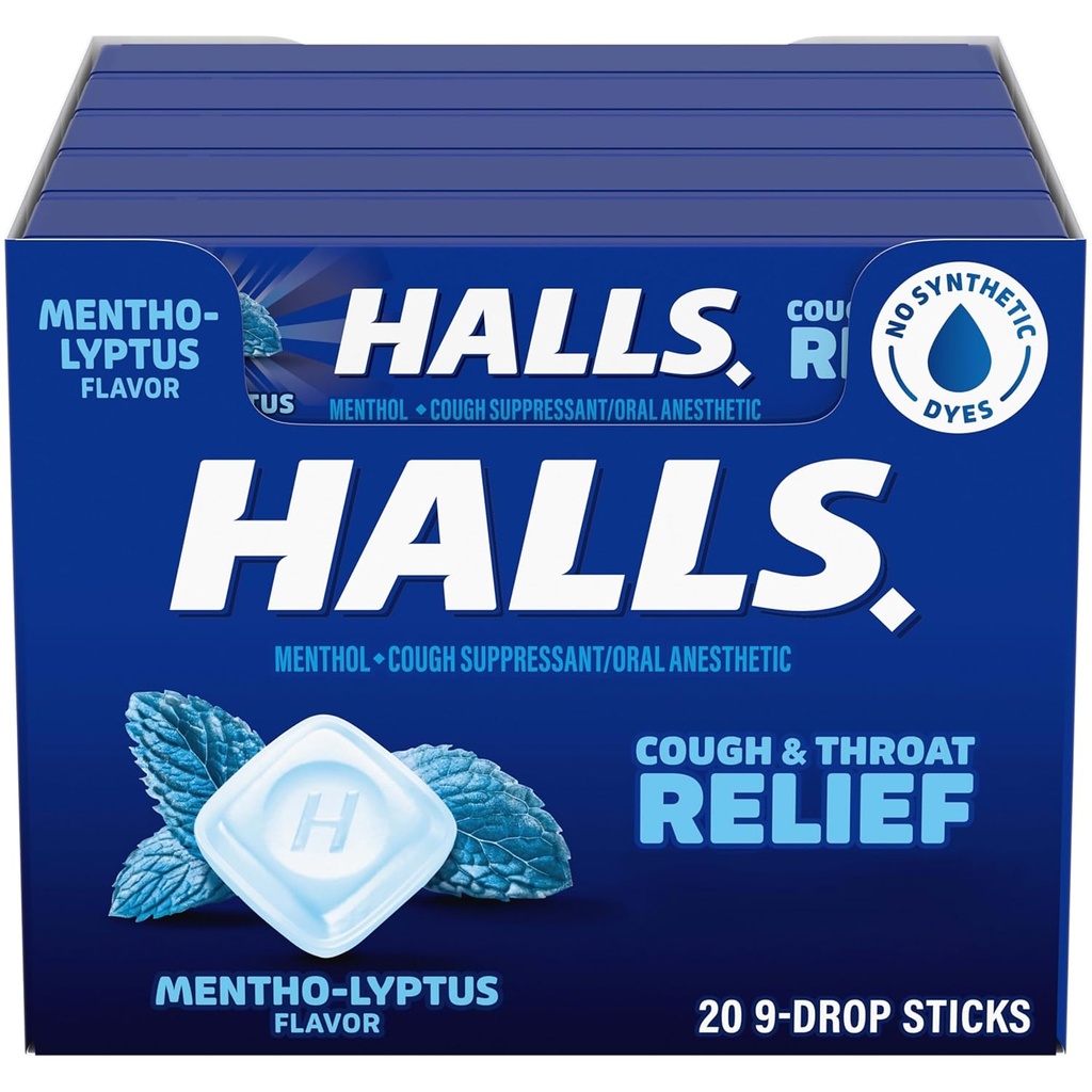 HALLS Βήχας και λαιμός ανακούφιση Mentho-Lyptus Βήχας σταγόνες, 20 ραβδιά του 9 (180 Σύνολο σταγόνες)