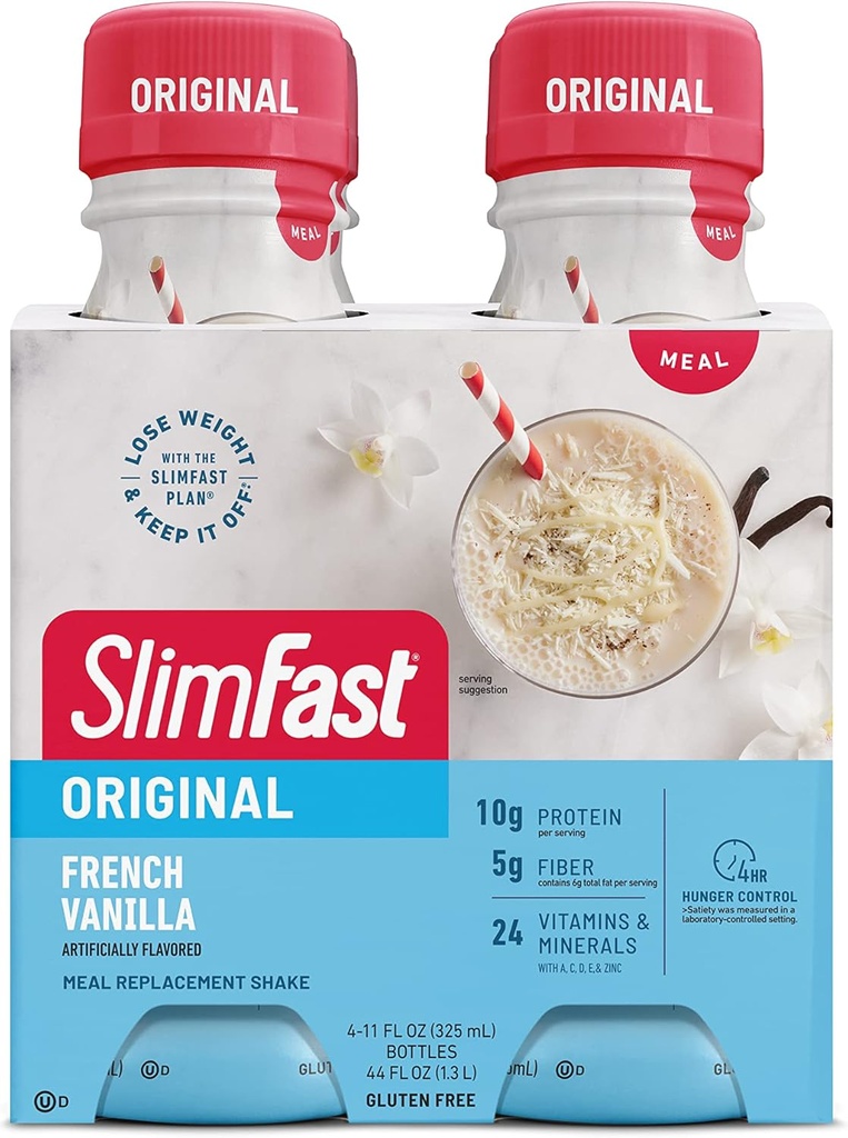 SlimFast Meal Change Shake, Original French Vanilla, Kilo kaybı için protein içmeye hazır 10g, 11 Fl. Oz Şişe, 4 Kont (Pazar Mayıs Vary)