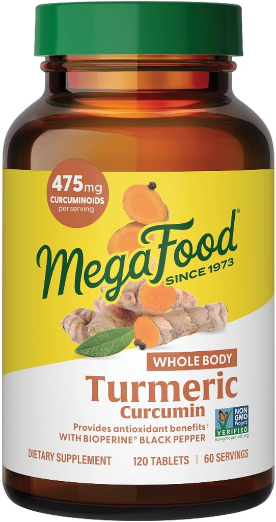 MegaFood Whole Body Turmeric Curcumin Supplement - Turmeric Supplement With Black Pepper & Vitamin C - 475 mg Curcuminoids Per Servis - Antioksi & Immune Support - Vegan - 120 Tablet, 60 Hizmetler