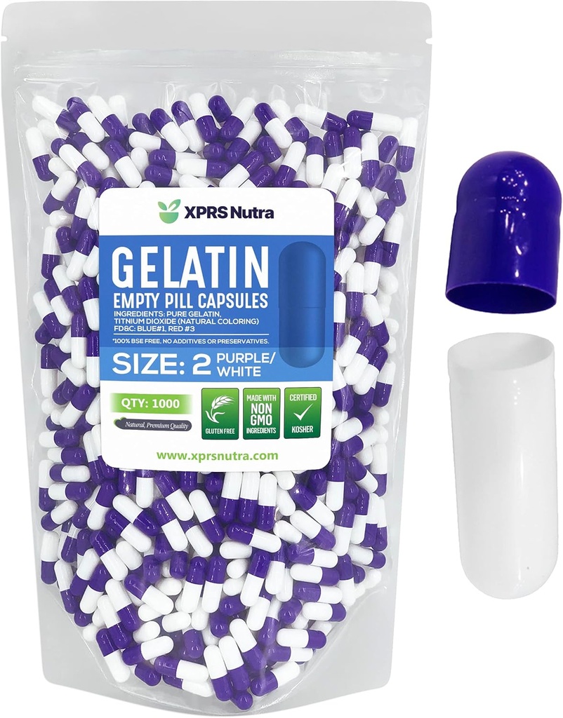 XPRS Nutra Boyutu 2 Boş Kapsüller - 1000 Kont Boş Gelatin Capsules - Pills DIY Capsule - Pure Bovine Pill Gel Caps For Do-It- Yourself Supplements (Purple/White)