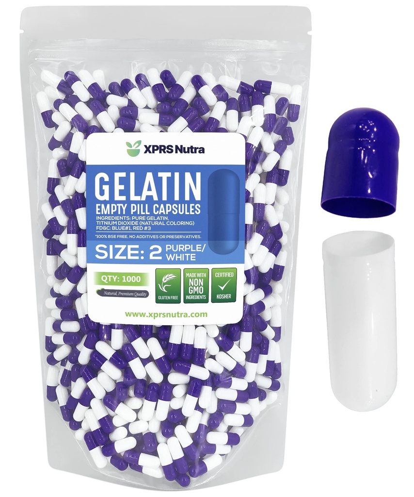 XPRS Nutra Size 2 Empty Capses - 1000 Count Empty Gelatin Κάψουλες - Χάπια DIY Καψάκιο Γέμισμα - Pure Bovine Pill Gel Caps for Do-It-Yourself Συμπληρώματα (Purple/White)