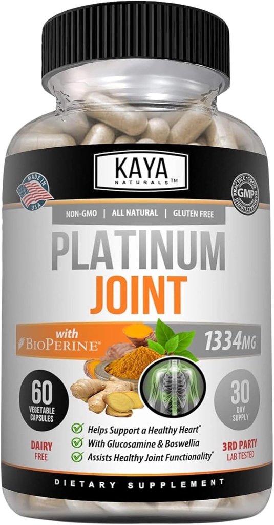Kaya Naturals Platinum - Nature Made Bioperine, Glucosamine, Turmeric with Boswellia, Sağlıklı Antioksi Özellikler, Turmeric Curcumin 1334 mg - 60 Capsules