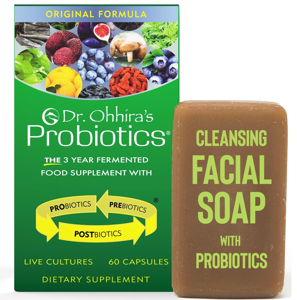 Dr. Ohhira's Probiyotiks Original Formula 60 Capsules with Bonus Beauty Bar Soap Travel Size 20g - Kadınlar ve Erkekler için Soğutma Supplement, 13 Probiyotik Strains