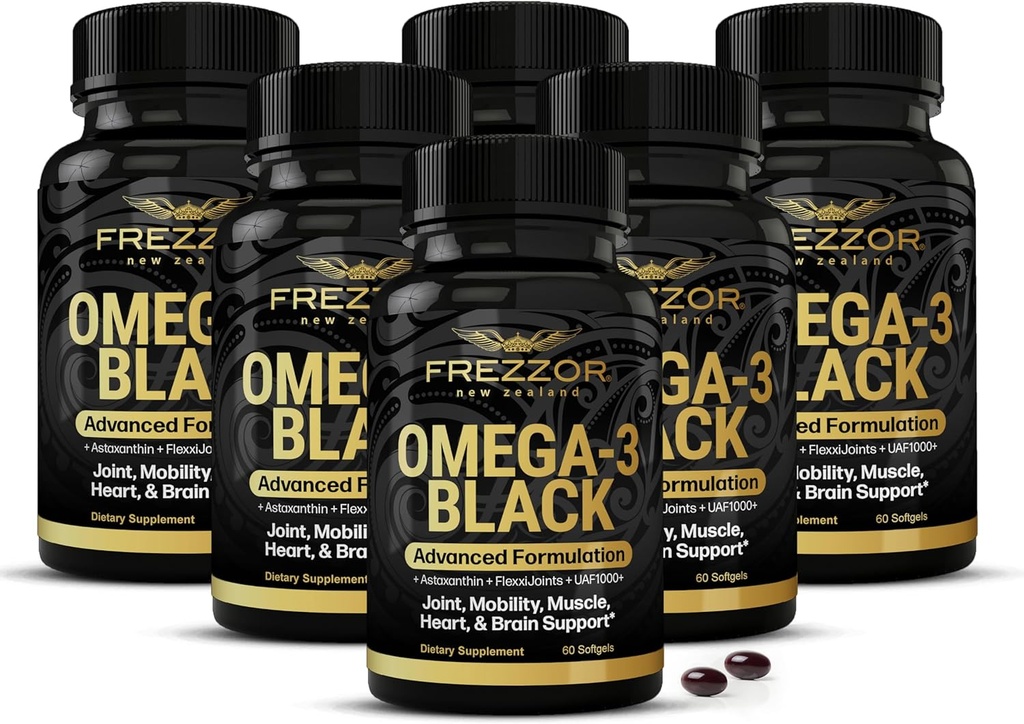 FREZZOR Omega 3 Black for Joint Care & Comfort - Yeni Zelanda Yeşil Lipped Mussel Oil Capsules; UAF1000+ Super Antioksit, No Fishy Aftertaste, 450 mg, 6Pack, 360 Softgels