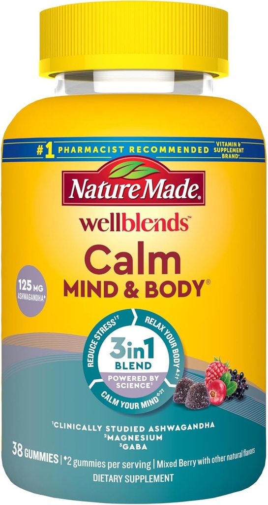 Doğa Wellblends Calm Mind & Body, Magnezyum Citrate, Ashwagandha 125 mg & GABA 100 mg Stres Yardımı için Yaptı, 38 Gummy Vitamins
