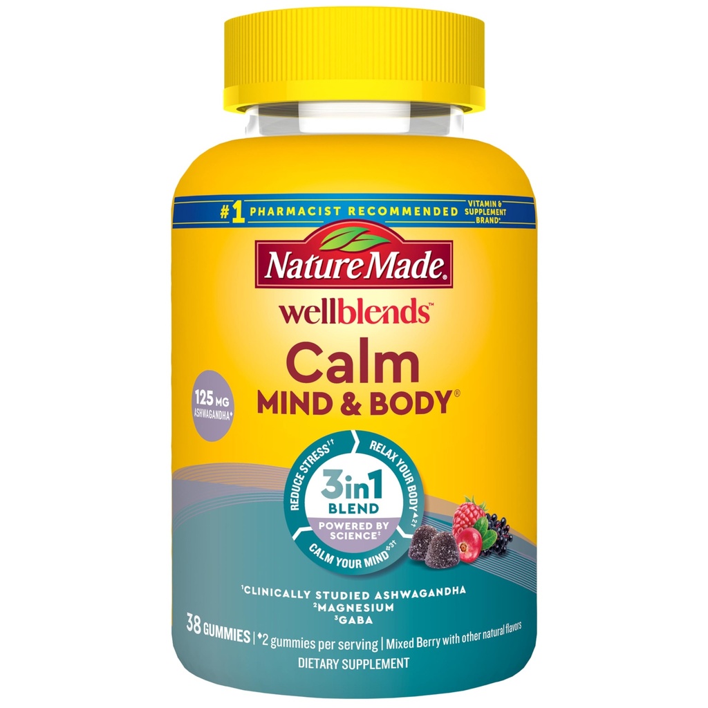 Nature Made Wellbleds Calm Mind & Body, Magnesium Citrate, Ashwagandha 125mg & GABA 100mg Blend για ανακούφιση από το στρες, 38 Gummy Βιταμίνες