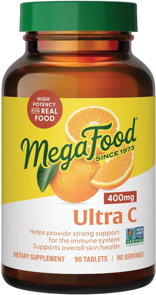 MegaFood Ultra C 400 mg - Vegan Immune Support Supplement with Vitamin C, Made with Real Food Including Broccoli, Carrot, Cranberry & Brown Rice, Gluten-Free, Kosher - 90 Tablet, 90 Hizmet