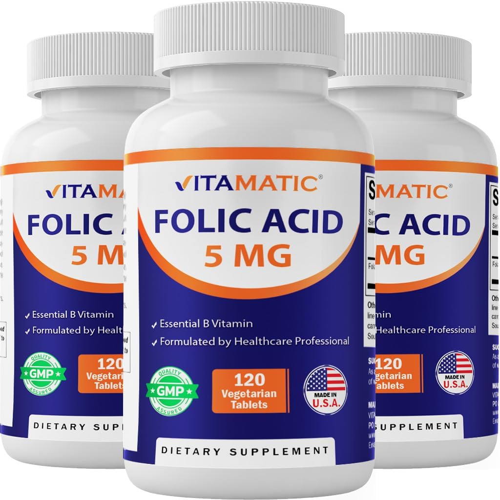 Vitamatic Folic Acid 5 mg (5000 mcg) - 120 Vejetaryen Tabletler Şişe başına - B9 (Folate) - 3Pack | Total 360 Tabletler
