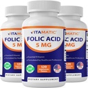Vitamatic Folic Acid 5mg (5000 mcg) – 120 χορτοφαγικά δισκία ανά φιάλη – Βιταμίνη B9 (Folate) – 3- Pack 