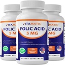 Vitamatic Folic Acid 5mg (5000 mcg) – 120 χορτοφαγικά δισκία ανά φιάλη – Βιταμίνη B9 (Folate) – 3- Pack 
