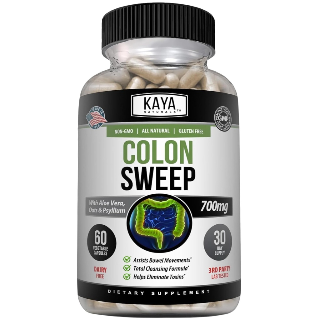 Kaya Naturals Colon Sweep | Kolon Cleanser 30-Day Fast-Acting with Herbs & Probiyotiks, Supports Health Bowel Movements, Cleansing Formula with Fiber, Non-GMO - 60 Capsules