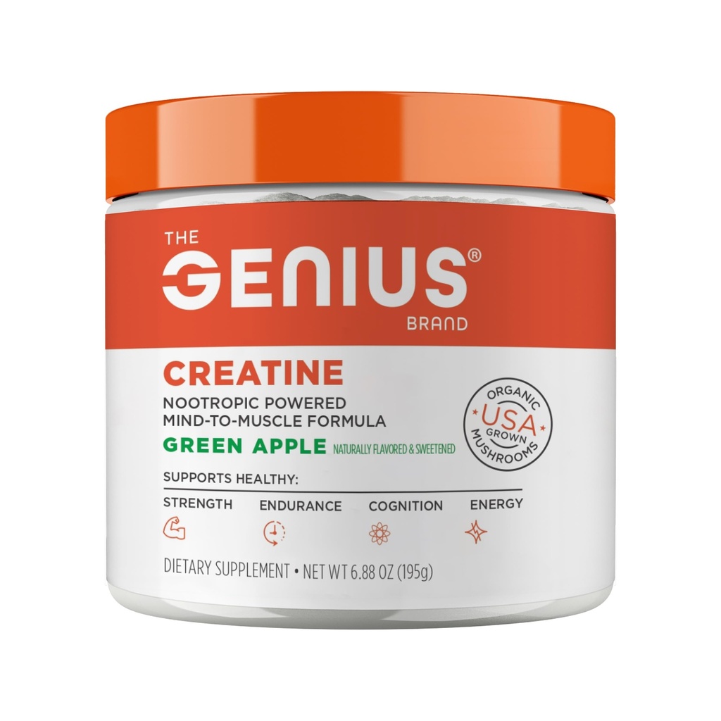 Genius Micronized Kretine Monohidrat Toz, Post Workout Supplement, Green Apple - 100% Doğal Flavored & Sweetized - Supports Muscle Building, Cellular Energy & Cognitive Function – 195g