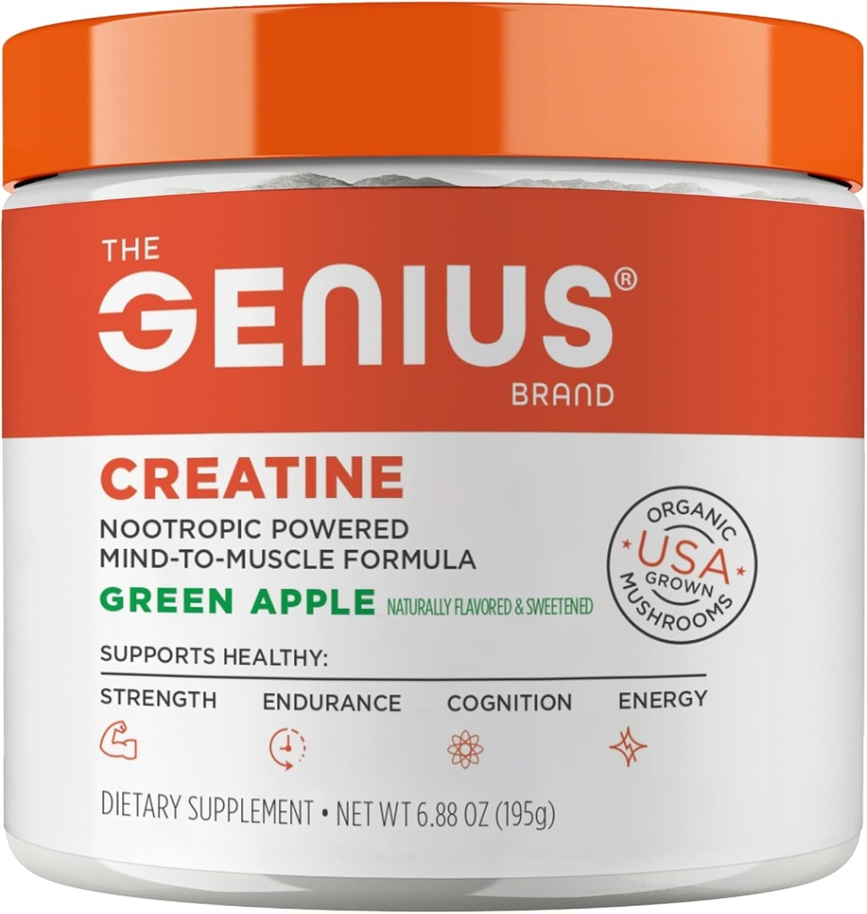 Genius Micronized Kretine Monohidrat Toz, Post Workout Supplement, Green Apple - 100% Doğal Flavored & Sweetized - Supports Muscle Building, Cellular Energy & Cognitive Function – 195g