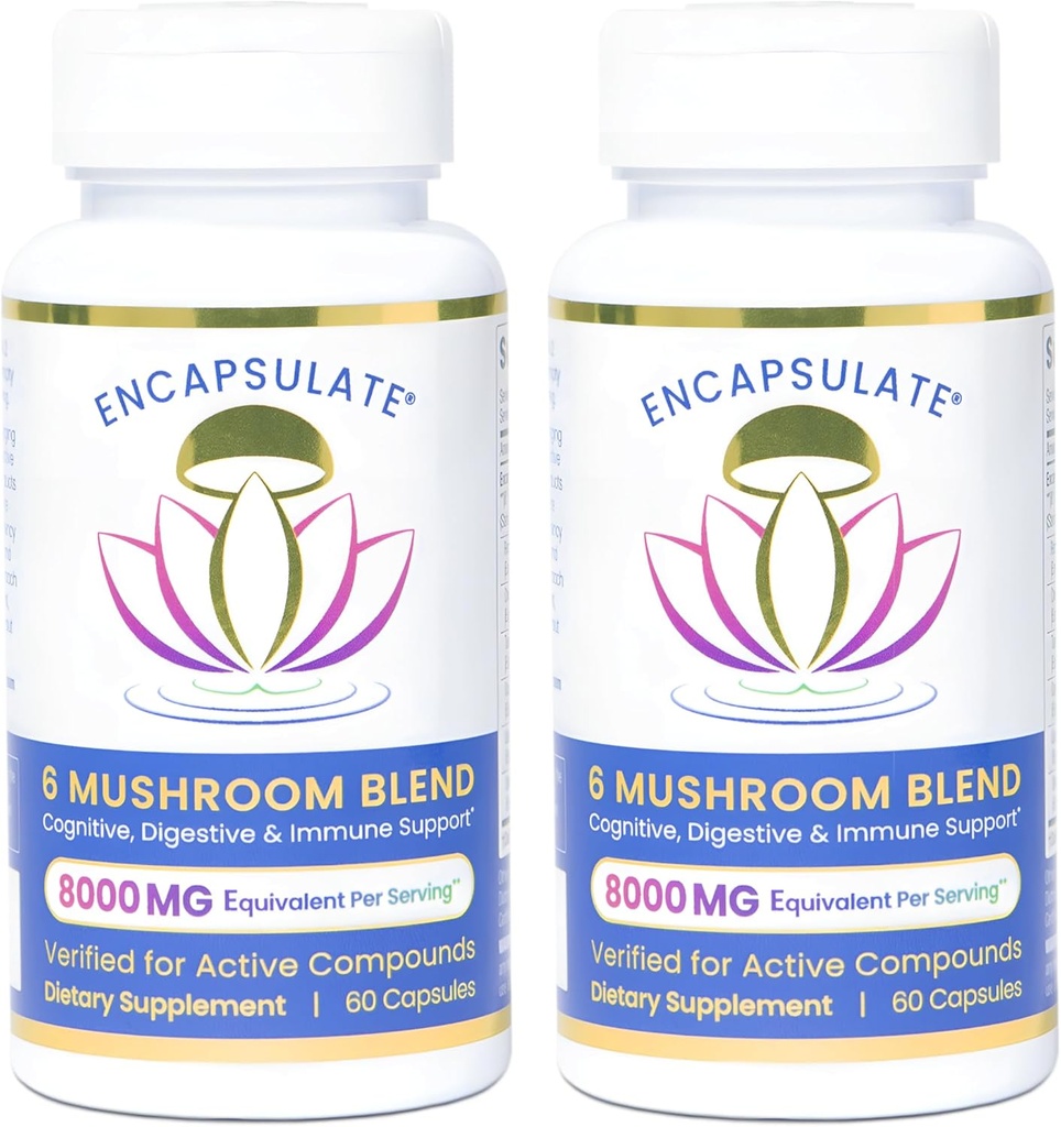 ENCAPSULATE 6 Mushroom Blend – Reishi, Chaga, Turkey Tail, Cordyceps, Mane & Shiitake 8:1 Mushroom Extract – Nootropic & Adaptogen Mushroom Supplement for Gut, Brain & Immune Support - 120 Caps