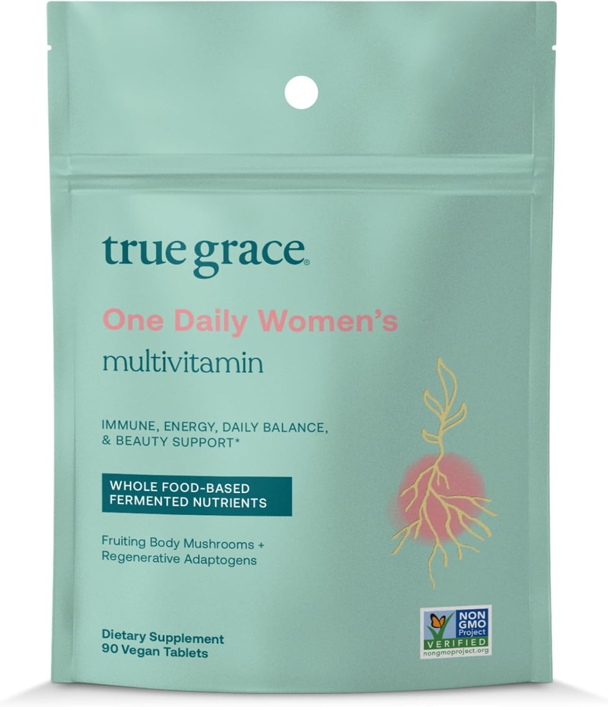 True Grace One Daily Women’s Multivitamin Fermented Minerals, Organic Adaptogens & Mushrooms Whole Body Balance, Immune, Energy, Beauty Support - Non-GMO, Gluten Free, Soy Free - 90 Vegan Tablets