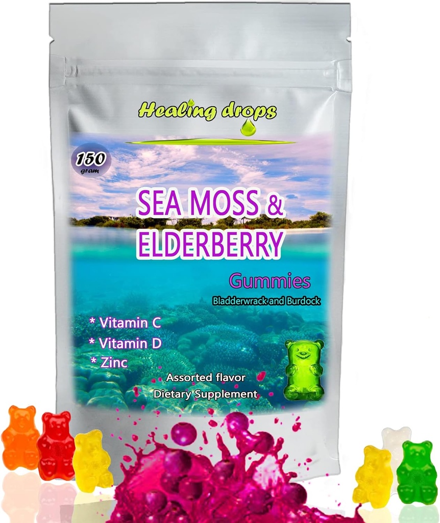 İrlandalı Deniz Moss Gummies – Raw Organic Wildcrafted Sun-Dried Seamoss Toz Gel – Bladderwrack Burdock Kökü – alkalin Chem Vegan Non-GMO Diyet – Skin Detox (Elderberry-Mix)