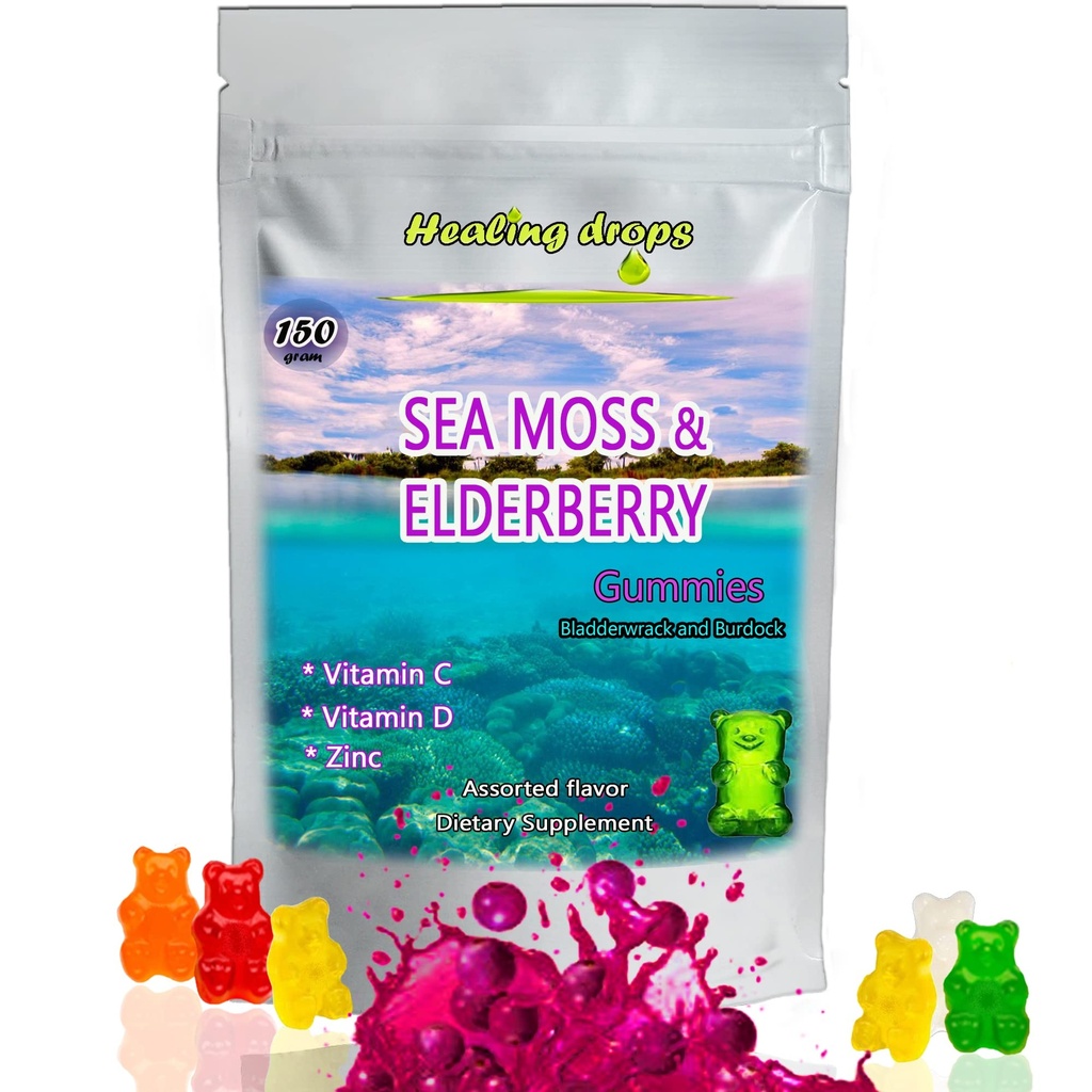 İrlandalı Deniz Moss Gummies – Raw Organic Wildcrafted Sun-Dried Seamoss Toz Gel – Bladderwrack Burdock Kökü – alkalin Chem Vegan Non-GMO Diyet – Skin Detox (Elderberry-Mix)