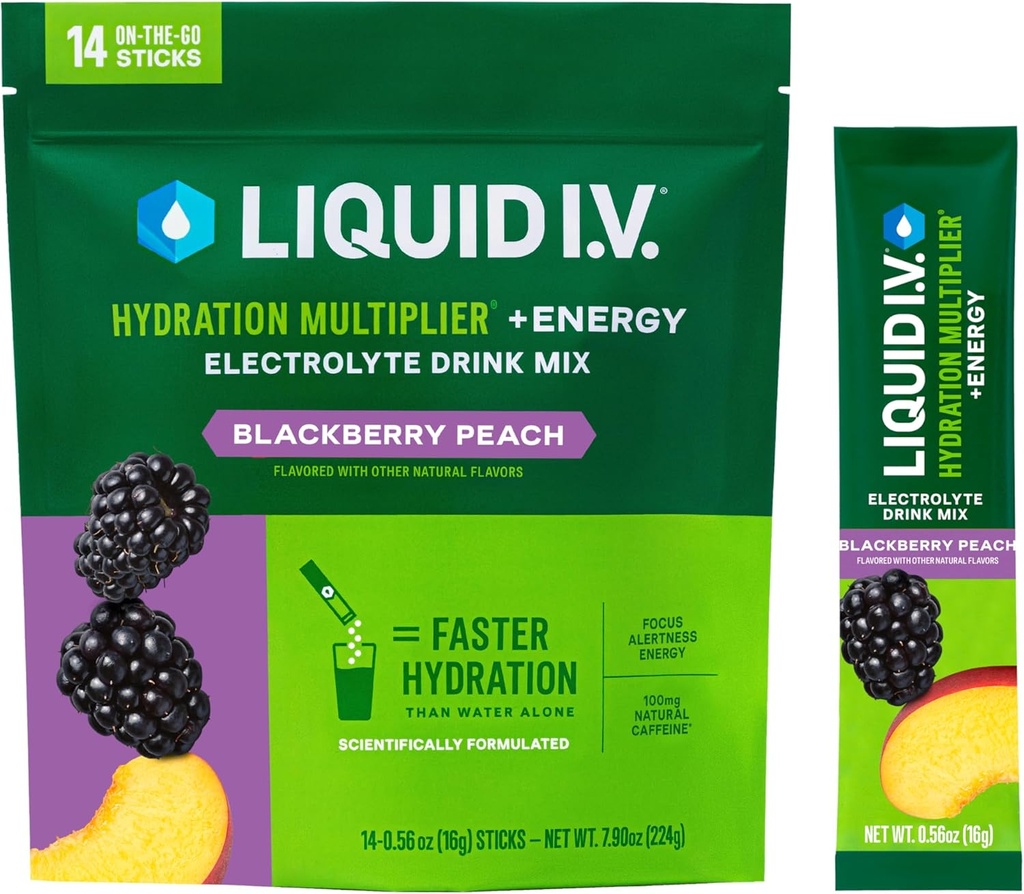 Liquid I.V.® Hydration Multiplier +Energy | Blackberry-Peach | Electrolyte Powder Drink Mix | 1 Pack (14 Servings)