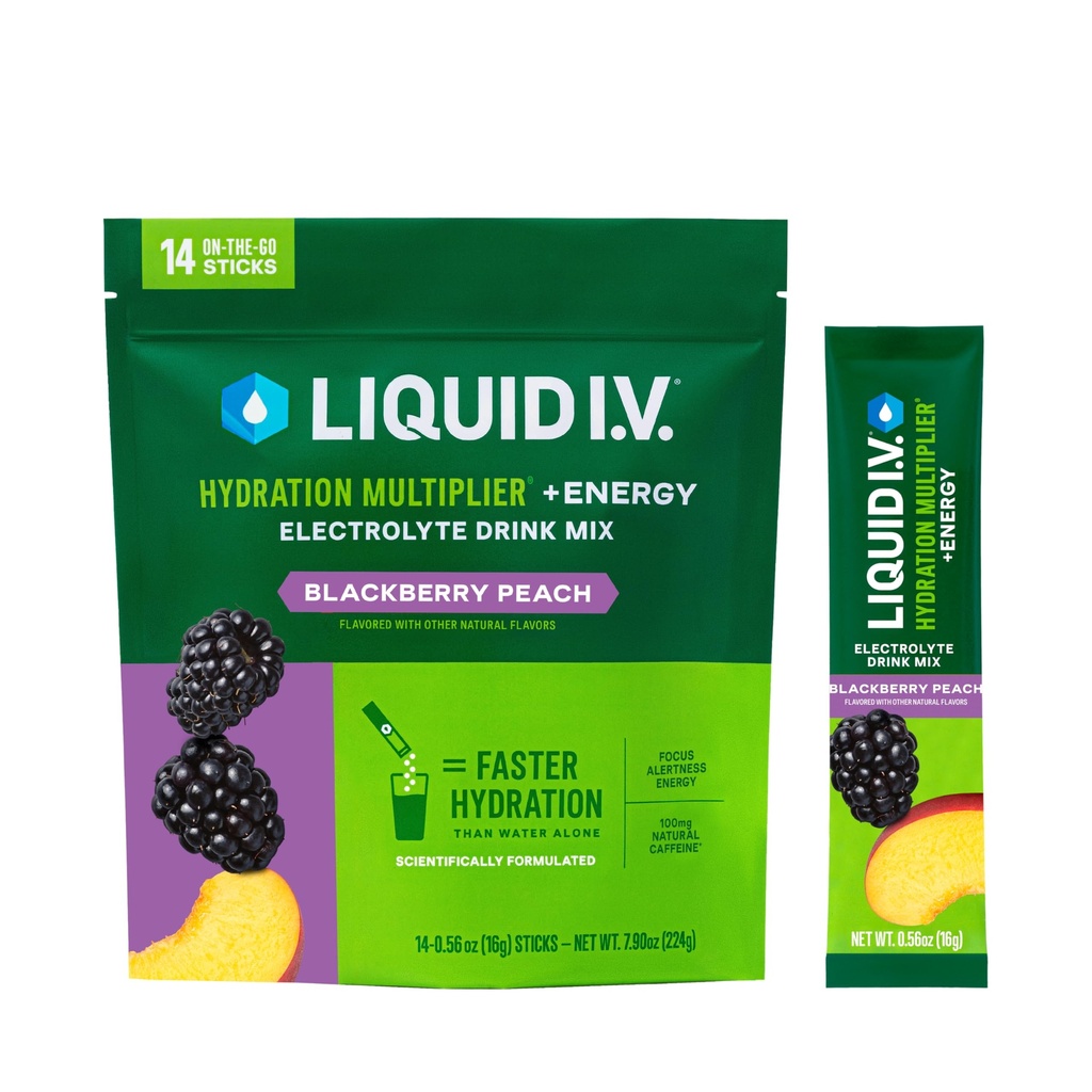 Sıvı I.V.® Hydration Multiplier +Energy | Blackberry-Peach | Elektrolyte Toz İçecek Mix | 1 Pack (14 hizmet)