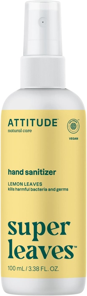 ATTITUDE Hand Sanitizer Spray, EWG Επαληθευμένο, σκοτώνει μικρόβια & βακτήρια, Vegan & Plant-based, ασφαλές για ενήλικες & παιδιά, Lemon Leaves Sleads Slead, 3.38 Fl Oz (Spray Bottle)
