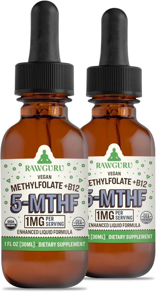 RawGuru Mefolate 1 mg+ Vitamin B12 - Organik Vegan Meydu Mineralleri ile B12 - Nano-Processed & Geliştirilmiş Sıvı Formula - 300 30 ml'da Vegan Drops'a hizmet ediyor