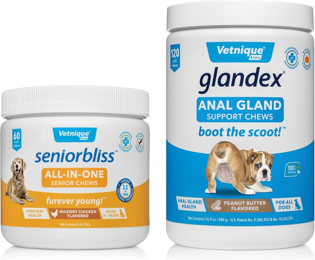 Vetnique Labs Glandex Anal Gland Support Chews Φυστικοβούτυρο 120 Ct και Seniorbliss All-in-1 Chews 60 Ct Bundle Φυστικοβούτυρο, Κοτόπουλο Hickory, Προβιοτικό για σκύλους και γάτες, Γλυκοσαμίνη, Πολυβιταμίνη