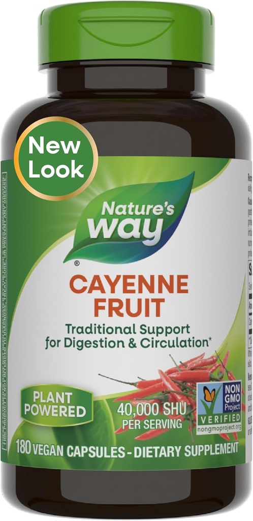 Nature's Way Cayenne Pepper Capses, Traditional Digetion & Circulation Support*, Καψαϊκίνη, Μη ΓΤΟ Έργο Επαληθευμένο, Χωρίς Γλουτένη, 180 Vegan Caps (Packaging May Vary)
