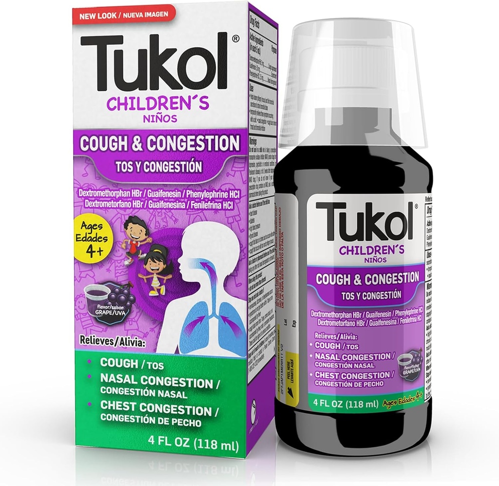 TUKOL Çocuk Cough Medicine - Cough & Congestion Relief, Chestal Cough Suppressant for Kids, Children's Cold and Cough Medicine, Kids Cough Syrup for Ages 4+ Grape Flavor 4 FL OZ OZ