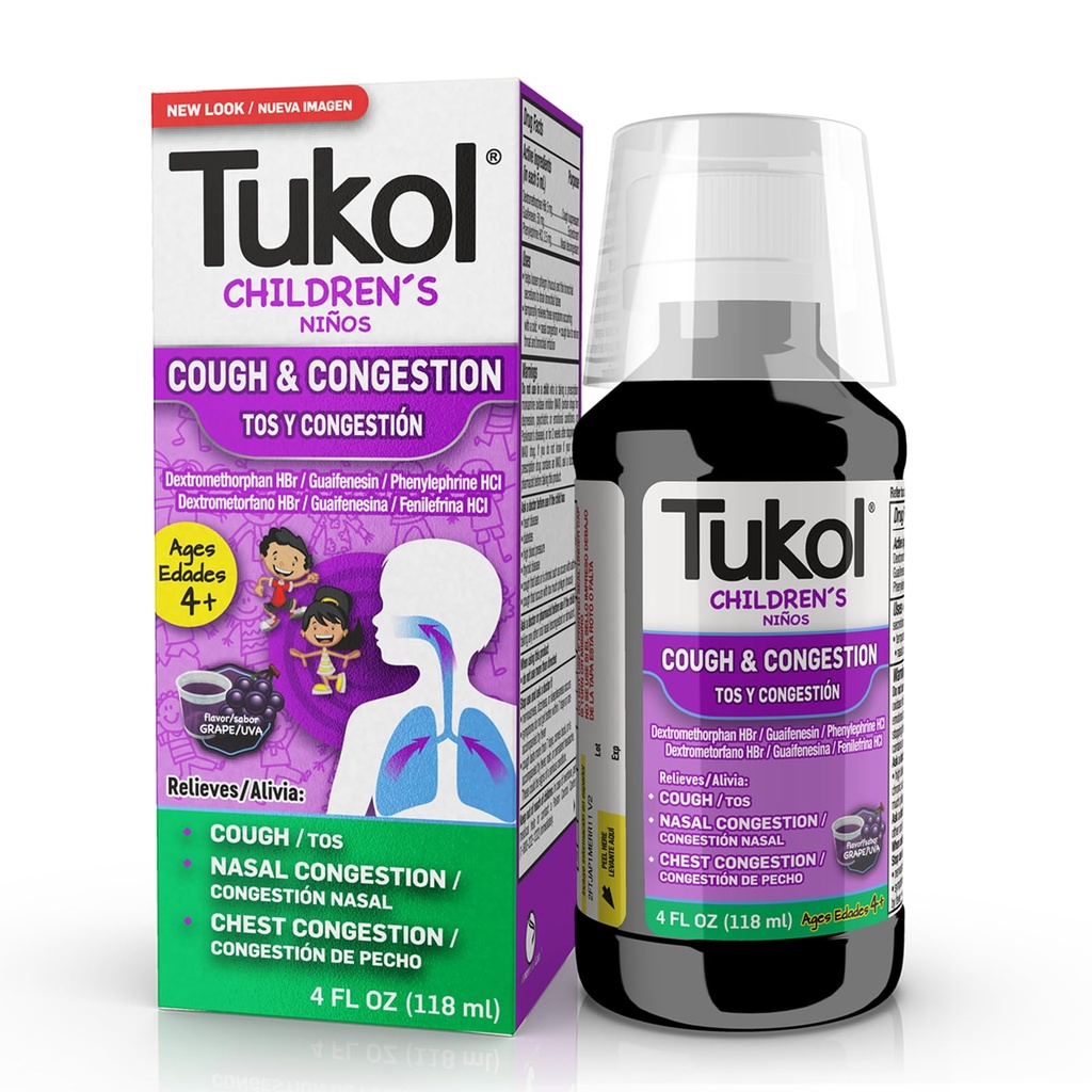 TUKOL Çocuk Cough Medicine - Cough & Congestion Relief, Chestal Cough Suppressant for Kids, Children's Cold and Cough Medicine, Kids Cough Syrup for Ages 4+ Grape Flavor 4 FL OZ OZ