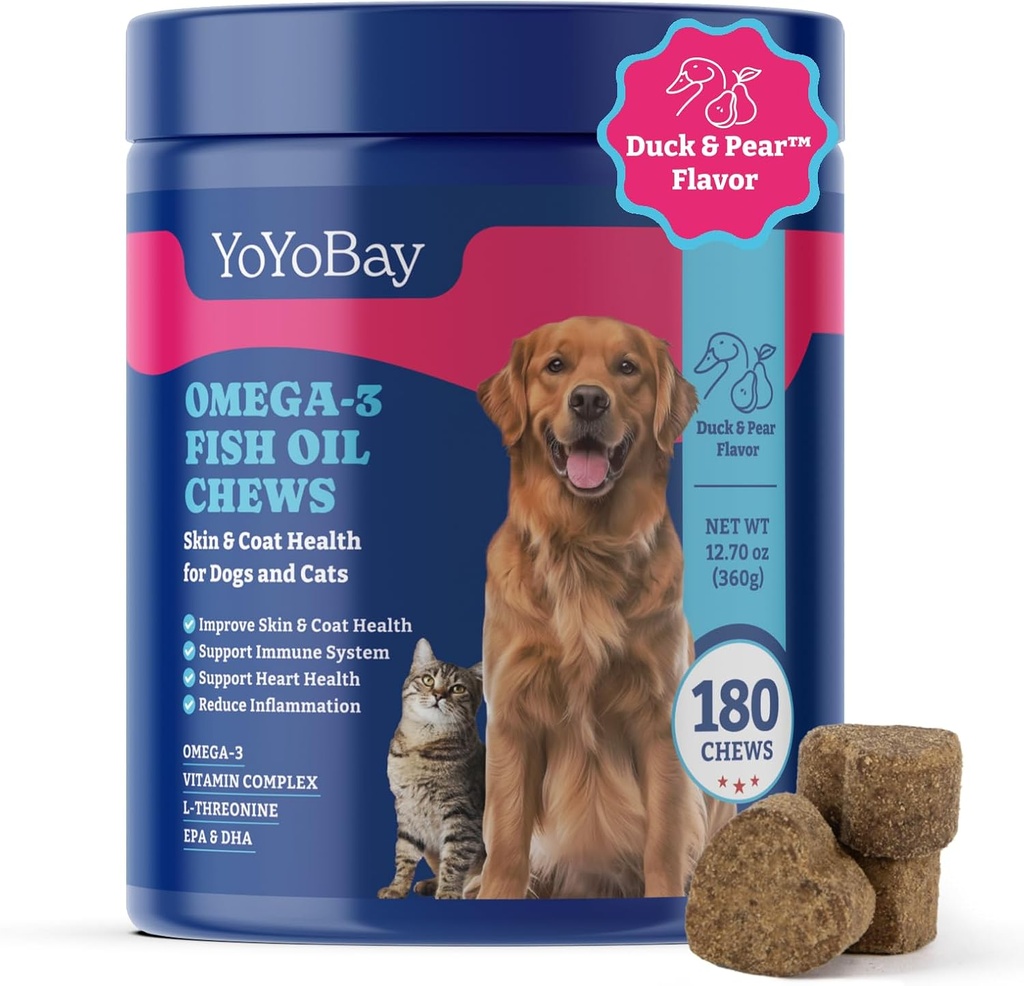 Köpekler ve Kediler için Balık Yağı, Omega 3 Balık Yağı - Omega 3, 6 ve 9'da Flaxseed Oil, EPA & DHA - 180 Yumuşak Chews, Duck & Pear Flavor - Anti-Inflammation, Skin & Coat Health