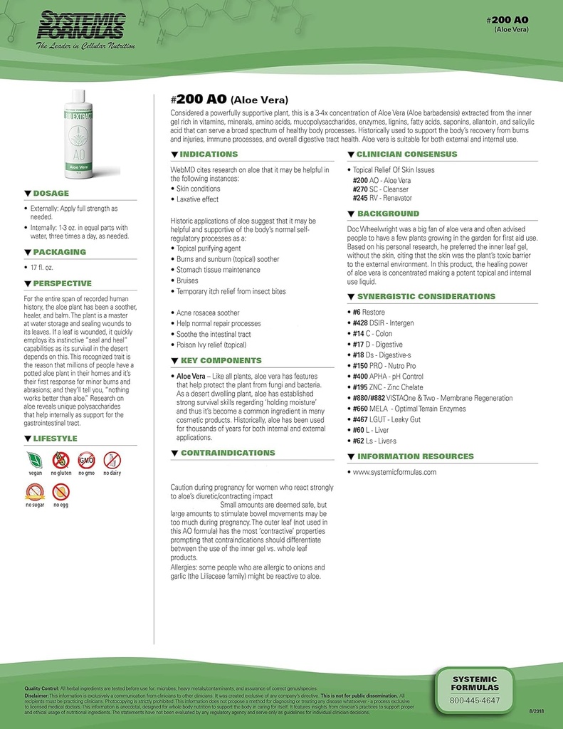 Συστηματικές Φόρμουλες AO – Aloe Vera 16 Fl Oz BioExtract #200. 3-4x Συγκέντρωση του Aloe Vera Extract από το Inner Gel Rich. για Εσωτερική & Εξωτερική χρήση.