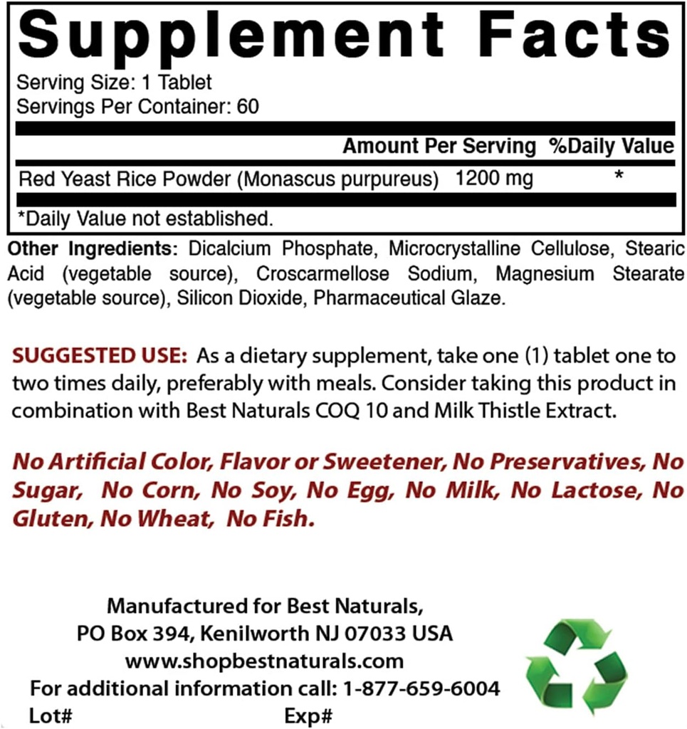 Best Naturals Red Yeast Rice 1200 Mg & Niacin 500 mg