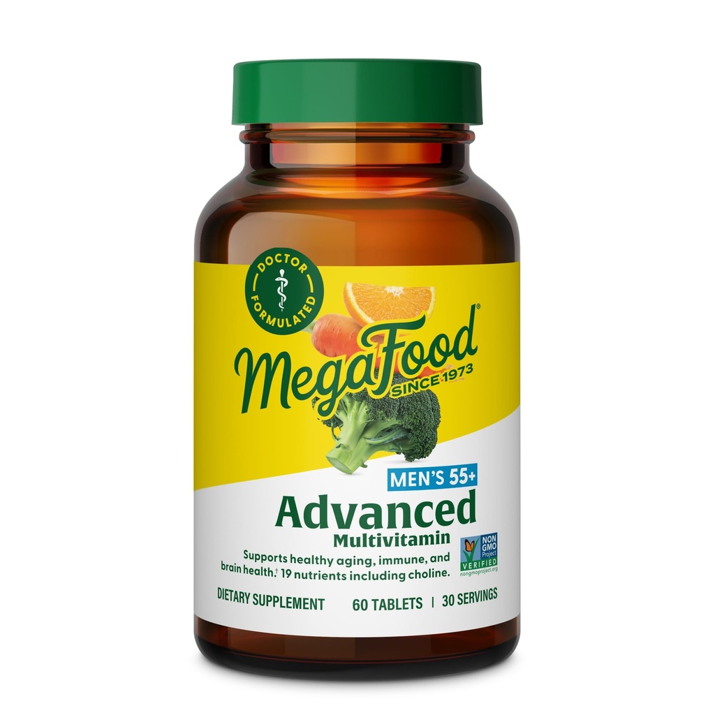 MegaFood Men's 55+ Advanced Multivitamin for Men - Doctor-Formulated -Χολίνη, Βιταμίνη D, Βιταμίνη B12 – Plus Real Food – Συμπλήρωμα Εγκεφαλικής Υγείας για Ενήλικες & Ανοσοποιητική Υποστήριξη - 60 Tabs (30 Services)