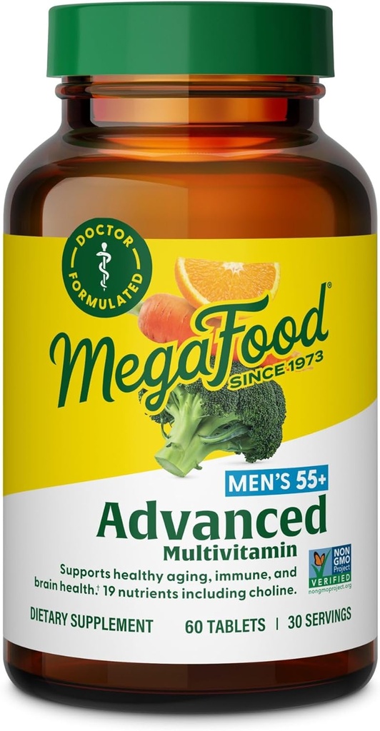 MegaFood Men's 55+ Advanced Multivitamin for Men - Doktor-Formated -Choline, Vitamin D, B12 - Plus Real Food - Brain Health Supplement for Yetişkinler & Immune Support - 60 Tabs (30 Hizmet)