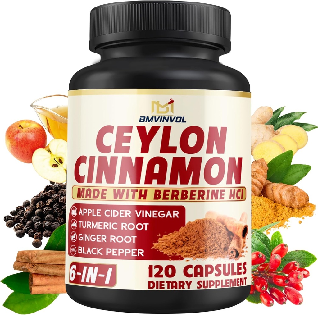 Ceylon Cinnamon Capsules with Berberine HCl, Apple Cider Vinegar, Turmeric, BTC, Black Pepper - 6in1 for Support Immune Function - 120 Count Count