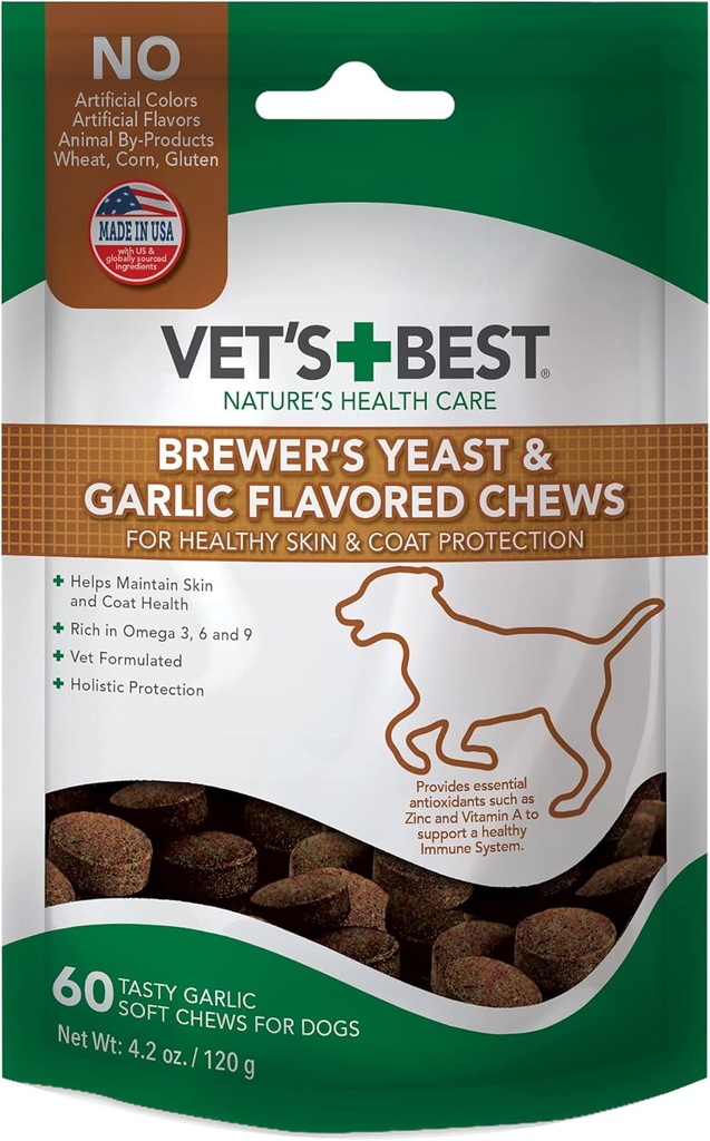 Vet's Best Brewer's Yeast & Che Chews, Omega 3 Köpekler için Sağlıklı Cilt ve Köpek Koruması, Veteriner Önerilen Dosage, Supplement Supplements, 60 ct