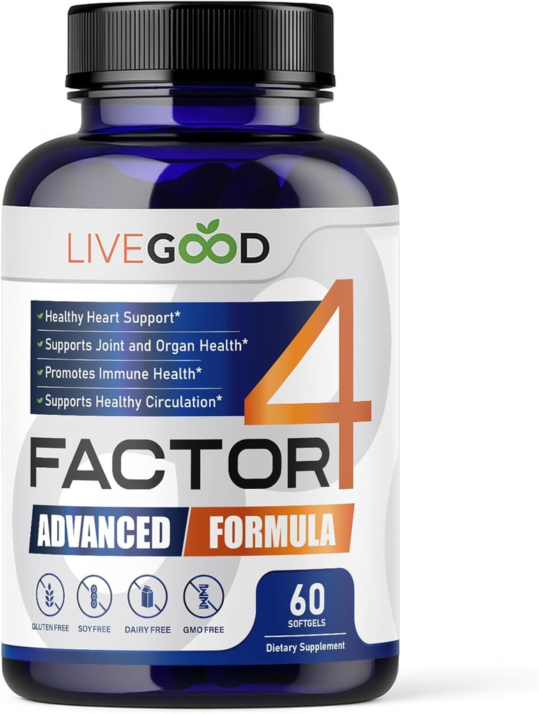 LIVEGOODTM Faktör 4, Omega 3 Fish Oil with EPA & DHA, CoQ10, and Turmeric, Advanced Q10 Coenzyme & CoQ10 Supplements, DHA Supplements for Heart, Joint & Immune Support, Made in USA, 60 Count,