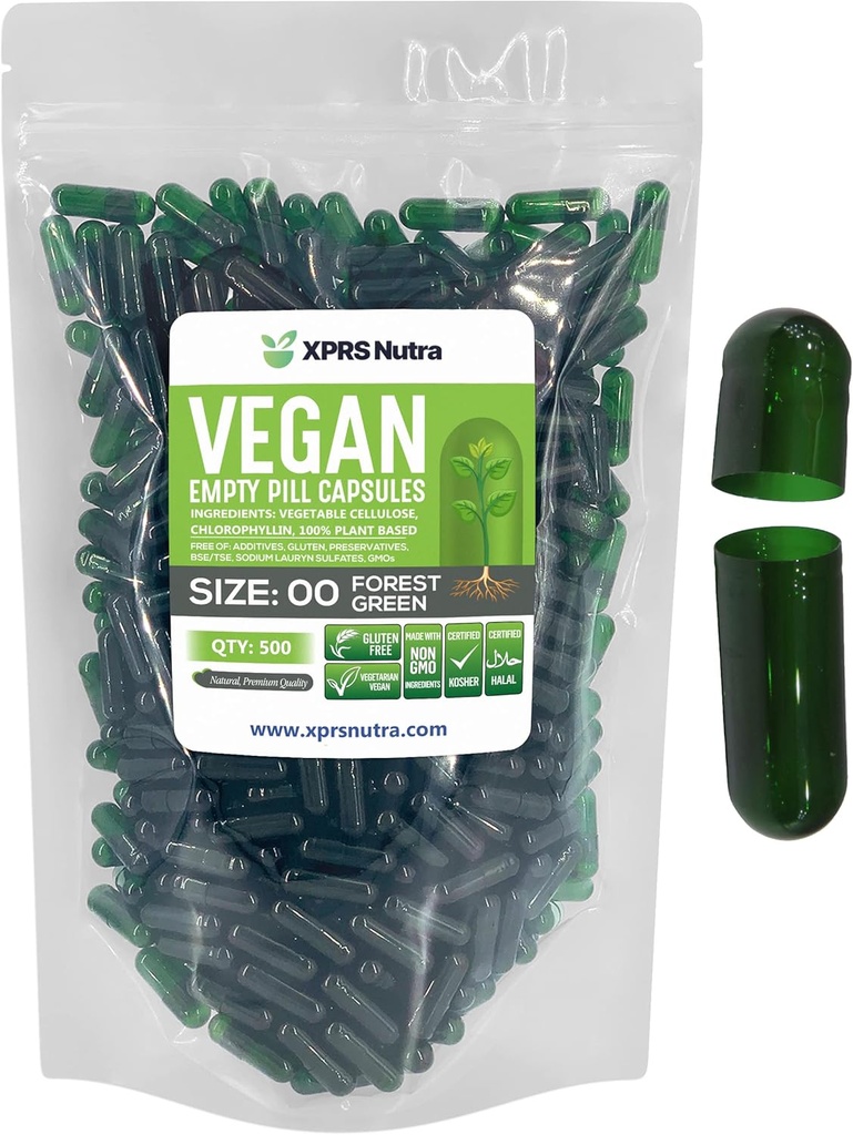 XPRS Nutra Boyutu 00 Boş Kapsüller - 500 Kont Boş Vegan Capsules - Vejetaryen Boş Pills - DIY Sebze Kapsülü - Veggie Pill Caps (Forest Green)