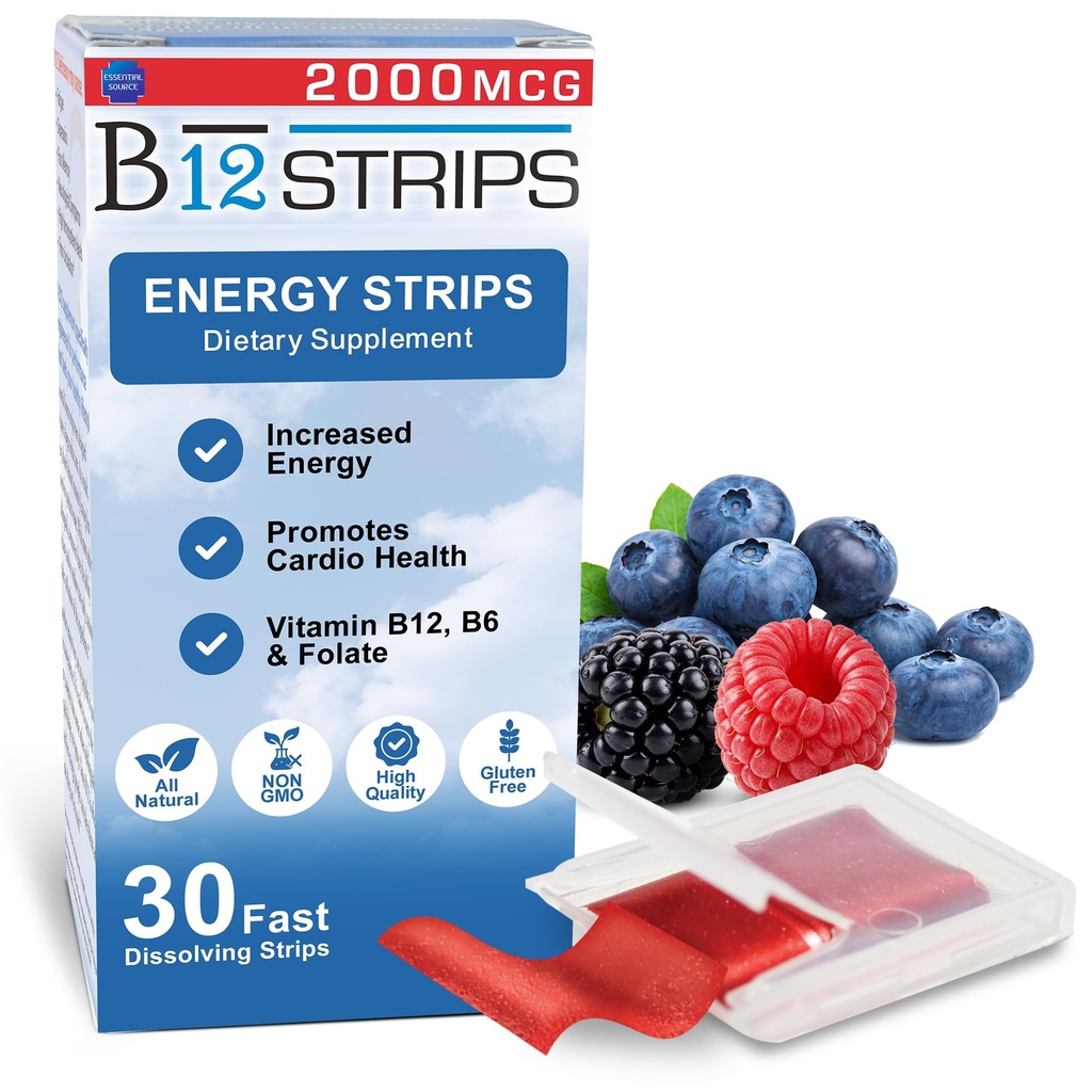 Essential Source 2,000 mcg Methylcobalamin Vitamin B12 Sublingual Energy Strips | Biotin, B6, 5-MTHF L-Methylfolate | Sublingual B12 Vitamins, Folate | Energy, Nerve Function - 30 Strips