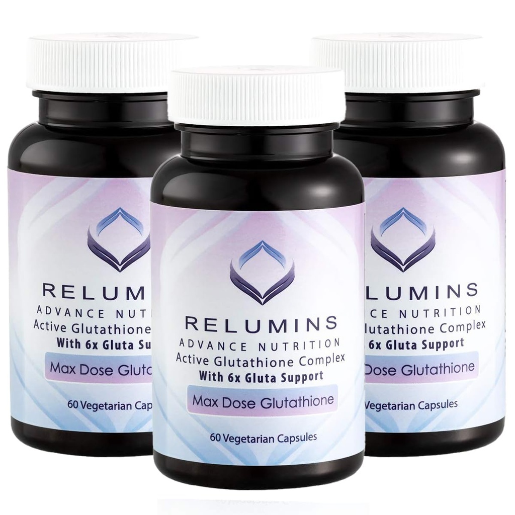 Relumins Advance White Active Glutathione Kompleksi - Max Dose 900 mg Glutathione with 6X Bransons, ALA & NAC - Anti-Aging Skin Brighting Supplement - 60 Caps x 3 Şişes